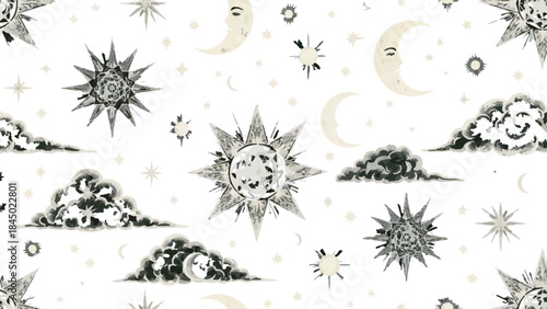 Vintage Celestial Seamless Pattern with Mystical Sun, Moon, Stars, and Clouds Engraving Style Illustration