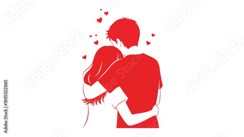 Embrace in Affection: A tender embrace between two individuals, their silhouettes intertwined amidst a shower of hearts, a visual poem of love and connection.