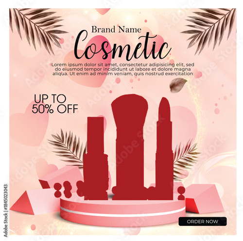 Elegant cosmetic product display with makeup and sale offer
