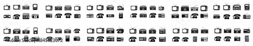 Fotografi Black and white seamless pattern of retro communication and entertainment electronic devices: vintage televisions, boomboxes, radios, and rotary phones icons