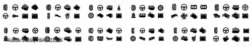 Seamless pattern of black automotive parts icons including engine, tire, steering wheel, and battery components on a white background.