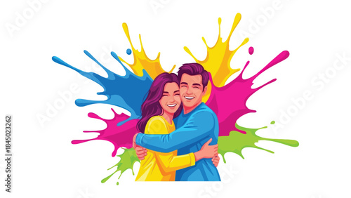 Love's Colorful Embrace: A tender moment shared as a couple embraces, framed by a vibrant explosion of colorful splatters, celebrating love's joyful hues.