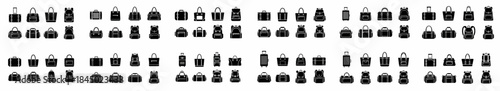 Set of Black Glyph Icons for Travel Luggage, Backpacks, Suitcases, Duffel Bags, and Handbags