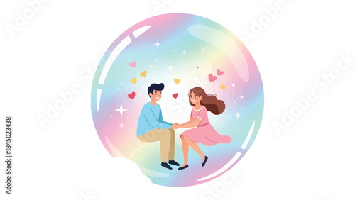 Enclosed in Love: A tender couple holds hands within a delicate bubble, symbolizing their intimate bond amidst a cascade of colorful hearts and ethereal light. 