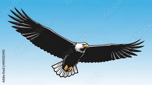 Dynamic majestic eagle swiftly soaring across a vibrant blue sky with wings outstretched, a powerful symbol of freedom and natural grace