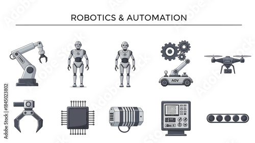 A collection of ten gray and black icons representing robotics and automation technology
