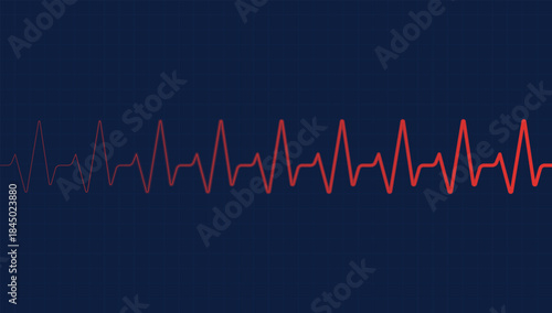 Continuous red heartbeat waveform on dark blue grid background, representing cardiac rhythm, health monitoring, medical data analysis, and vital signal tracking.