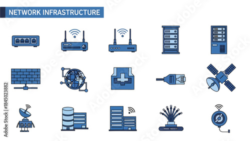 Collection of 15 blue and white icons representing network infrastructure components