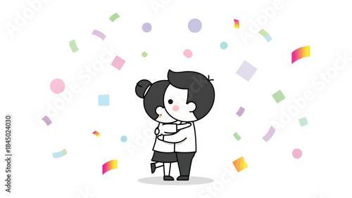 Cherished Embrace: Two figures share a warm hug, surrounded by colorful confetti, symbolizing affection and togetherness. It's a heartwarming illustration of love and connection.