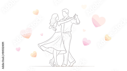Dance of Hearts: A couple, gracefully intertwined, shares a tender moment while dancing, surrounded by the delicate glow of floating hearts, symbolizing love and togetherness. 