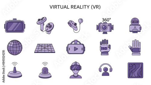 Purple icon set depicting virtual reality hardware tracking and elements
