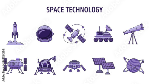 Purple line art icons illustrating various space technology items against a white background