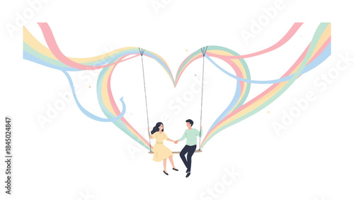 Eternal Bond: A couple on a swing suspended within a heart-shaped framework. The illustration captures a moment of love and connection, as two people embrace the simple joy of shared intimacy.