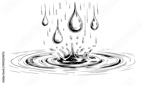 Hand Drawn Ink Sketch of Falling Water Droplets Creating Splash and Concentric Ripples, Black and White Engraving Style Illustration for Rain Purity and Environment Concept