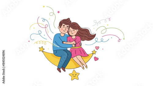 Couple's Dreamy Embrace: A couple shares a tender moment while sitting on a crescent moon, surrounded by festive streamers and hearts, which depicts love, connection and romance.