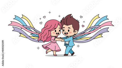 Love's Embrace: An Illustration of a sweet couple dancing, a heartwarming display of affection and togetherness, with ribbons of celebration flowing around.