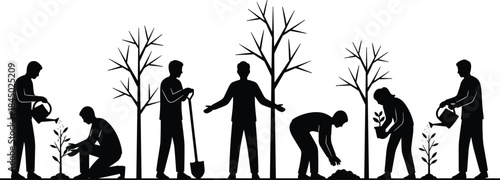 Tree planting silhouettes, environmental teamwork, nature conservation concept, black figures on white, seasonal reforestation, shovel and watering action sequence