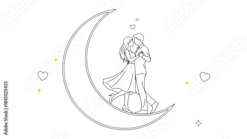 Moonlit Embrace: A romantic couple tenderly embraces while standing on a crescent moon, as hearts and stars float gently around them, capturing a sense of intimacy and affection under the night sky.