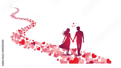 Path of Affection: A romantic couple strolls hand-in-hand along a path paved with hearts, a symbolic representation of love and devotion. Embodying unity and affection.