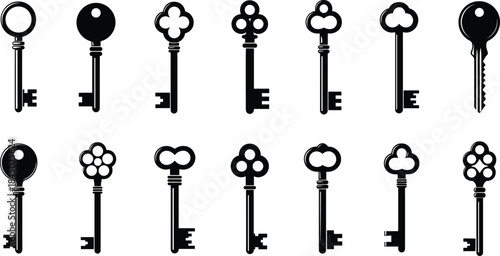 Vintage keys collection, antique key silhouettes, black and white key designs, ornate skeleton keys, historical lock tools, retro security icons