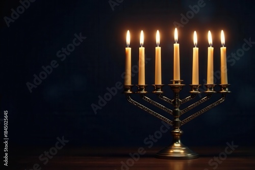 Realistic menorah with burning candles against a dark background Happy Hanukkah lettering , Hanukkah, holiday
