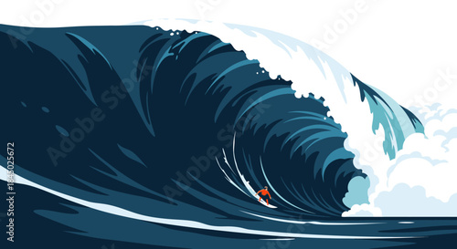 Surfer riding a massive, powerful ocean wave, barrel ride, extreme sport, dynamic water, adventure, and thrill