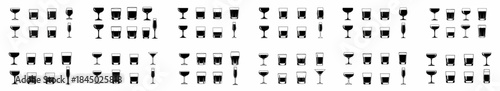 Repeating seamless pattern of bar glassware silhouettes, featuring icons of cocktail glasses, tumblers, and flutes for alcoholic drinks.