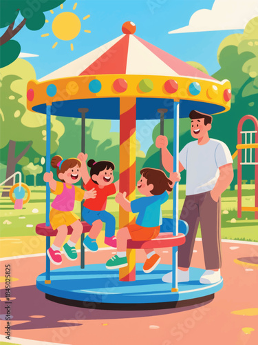 Three children enjoying a colorful merry go round in a sunny park, supervised by an adult. A cheerful moment of outdoor fun and family bonding.