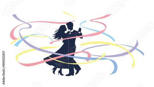 Silhouette of Dancing Couple: A graceful silhouette of a dancing couple, intertwined in an elegant embrace, with colorful ribbons adding a touch of whimsy and movement to the scene. Capturing love.