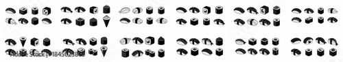 Isometric black and white sushi icon set, including nigiri, maki, gunkan, and temaki rolls, representing traditional Japanese cuisine vector graphics.