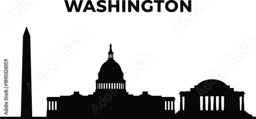 Washington DC landmark silhouette, patriotic cityscape design, iconic government buildings, black skyline art, historic architecture illustration, USA capital concept