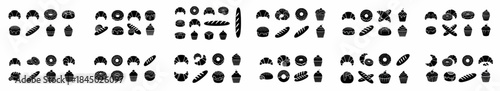 Minimalist black silhouette pattern of bakery icons: croissants, donuts, cupcakes, and bread. Sweet pastry and fresh baking symbols.