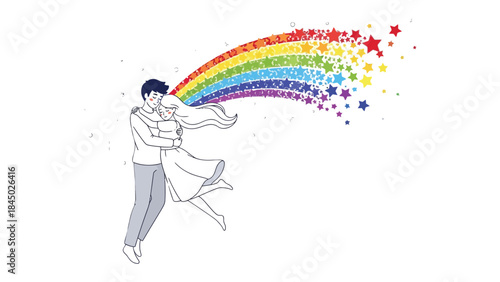 Rainbow Embrace: A sketch captures the warmth of love, depicting a couple embracing beneath a vibrant arc of stars that evokes joy and affection. 