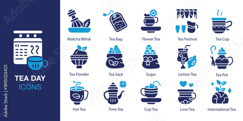 Tea Day Icon set. Containing brew, hot, steam, drink, beverage, leaf, garden and more. Solid vector icons collection. Vector illustration.