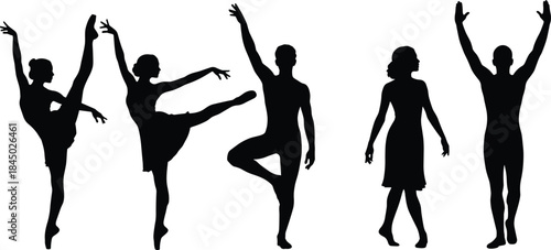 Silhouette of ballet dancers, elegant poses, classical movement, black figures, expressive form, minimal background, dance technique, graceful style