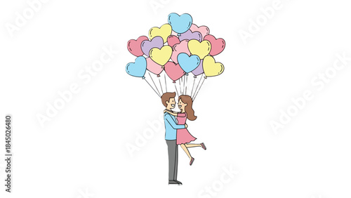 Love in the Air: An illustration of a couple embraces, lifted gently by a collection of heart-shaped balloons, symbolizing love, dreams, and the shared journey of life. 