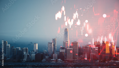 Billede på lærred San Francisco skyline with financial chart overlay showing downward trend and real estate market crisis concept in global economic background