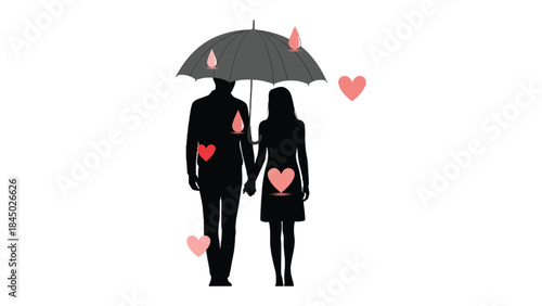 Love's Shelter: A silhouetted couple finds sanctuary under an umbrella, tender hearts dancing in the rain, a visual poem of love and protection.