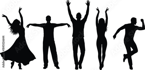 Silhouette of dancers in motion, expressive dance poses, black figures, graceful movement, rhythm, performance art, minimal background, energetic style