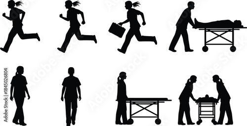 Silhouette of medical professionals in action, hospital staff, emergency roles, black figures, healthcare workers, minimal background, dynamic poses