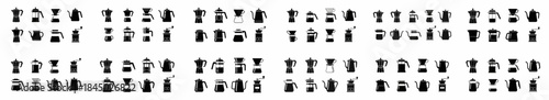 Comprehensive set of coffee brewing icons. Black silhouettes featuring moka pots, French presses, pour-over drippers, kettles, and grinders on white.