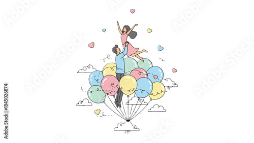 Love's Flight: A couple experiences a moment of joy, lifted by a collection of cheerful balloons that represent love's embrace.