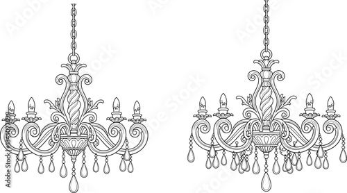 Silhouette of ornate chandeliers, decorative lighting, vintage style, crystal details, black vector, elegant design, minimal background, interior decor