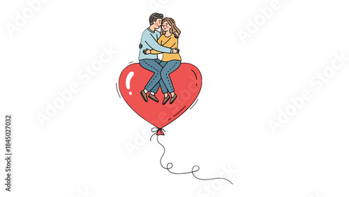 Love's Flight: A tender couple embraces atop a soaring heart-shaped balloon, a whimsical illustration of love and togetherness against a serene backdrop.