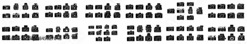 Black and white silhouette icons of vintage photo cameras collection. Retro photography equipment vector bundle including film SLR, rangefinder, TLR, and instant camera models.