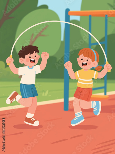 Two children jumping rope together in a sunny playground. A joyful moment of outdoor play and coordination.
