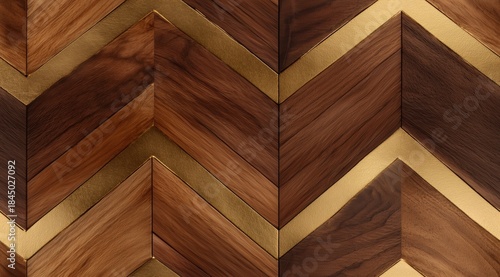 Geometric Wood Design: A close-up view of an intricate wooden surface featuring a captivating chevron pattern, interwoven with polished brass accents, resulting in a display of refined elegance.