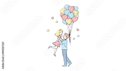Love's Ascent: A whimsical illustration depicts a couple ascending, carried by a bouquet of heart-shaped balloons, symbolizing love, dreams, and soaring affection. 