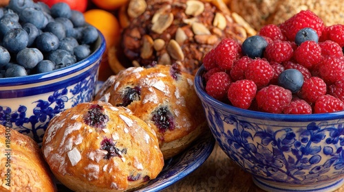 Wallpaper Mural Colorful display of fruits and baked goods in bowls on a wooden table Torontodigital.ca
