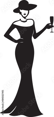 Elegant woman in a sophisticated black gown and holding a cocktail glass